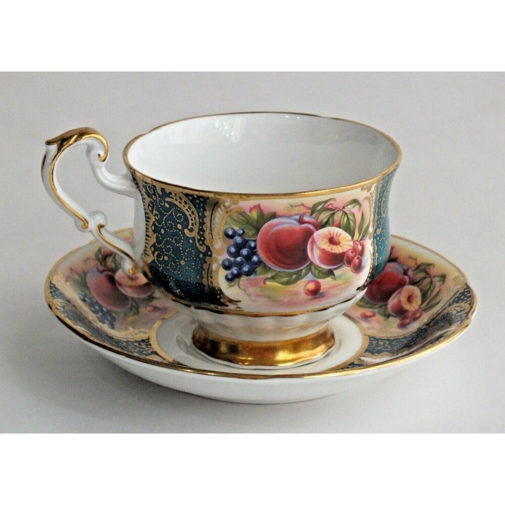 Paragon Orchard Fruit Tea Cup Saucer Pattern Turquoise Green Gold gilt teacup